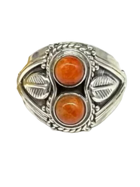 Solid 925 Sterling Silver & Orange Mojave Turquoise Leaf Boho Design Ring